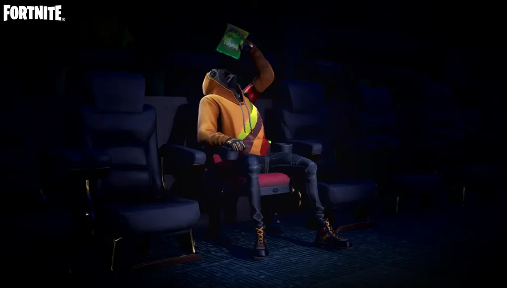 No Gesto Petiscando, personagem senta em uma poltrona e come algumas comidinhas (Foto: Reprodução/Epic Games)