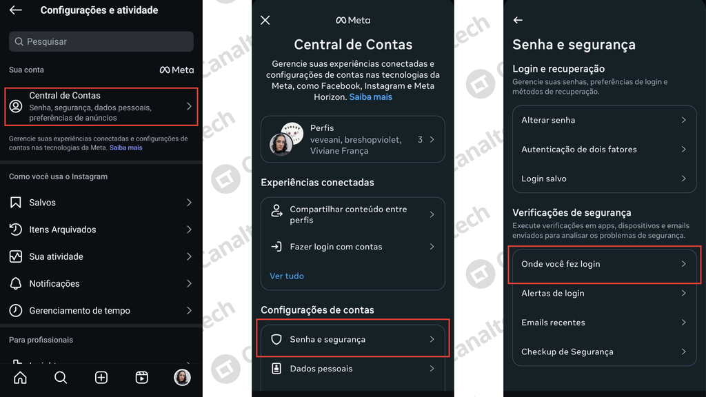 Captura de tela do passo a passo para ver os acessos ativos nos apps da Meta
