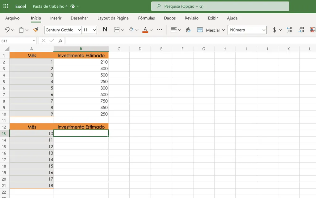 Organize os dados de projeção em sua planilha do Excel (Imagem: Captura de tela/Thiago Furquim/Canaltech)