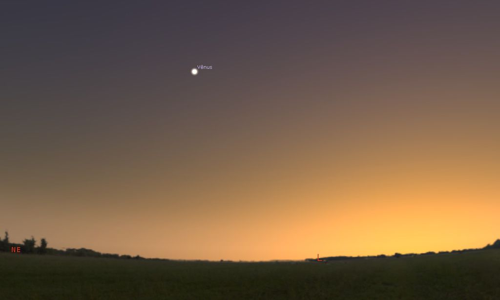 Vênus ainda estará visível durante o amanhecer, antes do Sol surgir acima do horizonte (Imagem: Captura de tela/Stellarium)
