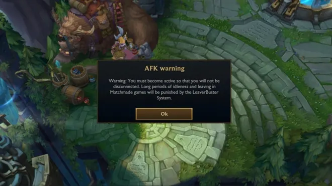 A mensagem de AFK aparece para os jogadores que ficam parados por muito tempo na base. (Imagem: Reprodução/Riot Games)