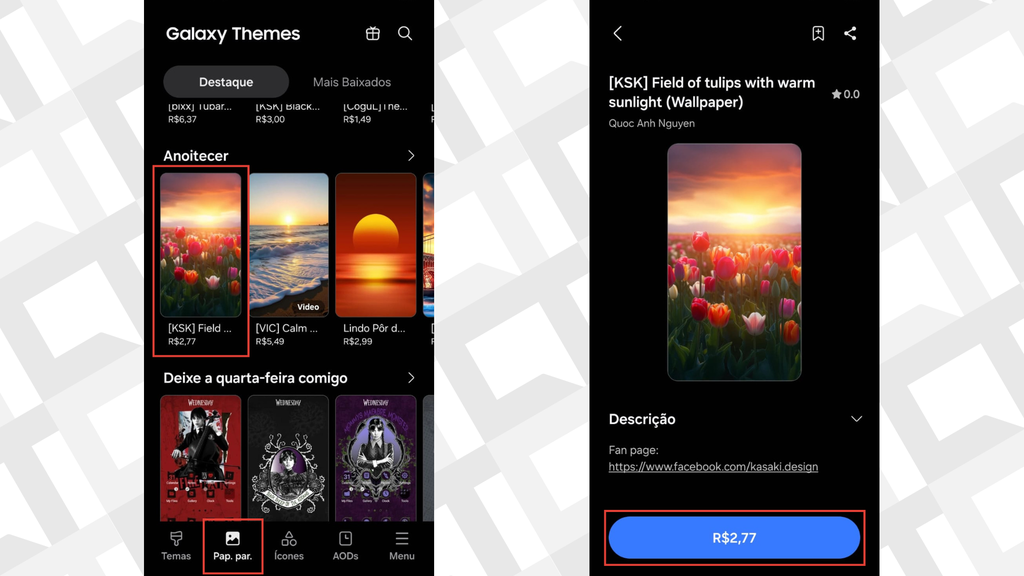 Passos para selecionar papel de parede no Galaxy Themes