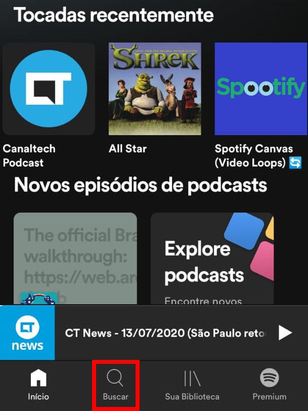 Abra o app do Spotify e procure por uma música o playlist na aba "Buscar" no menu inferior (Captura de tela: Matheus Bigogno)
