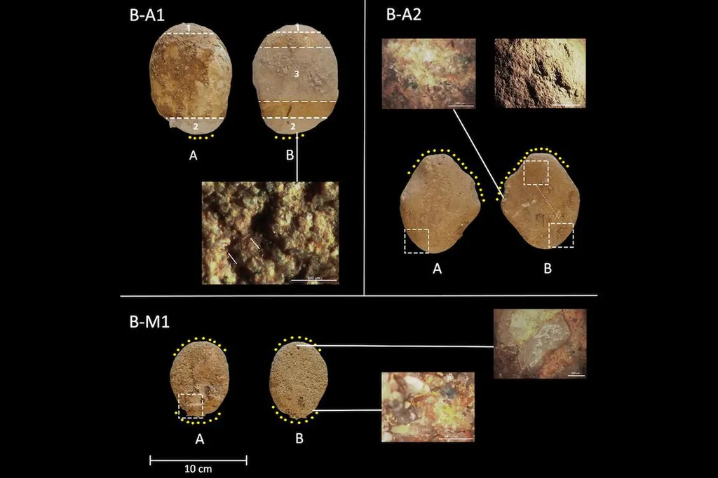 Pedras de moagem encontradas na caverna de Riparo Bombrini, com restos de grãos moídos mostrando que os hominídeos antigos já sabiam fazer farinha (Imagem: Lippi et al./Quaternary Science Reviews)