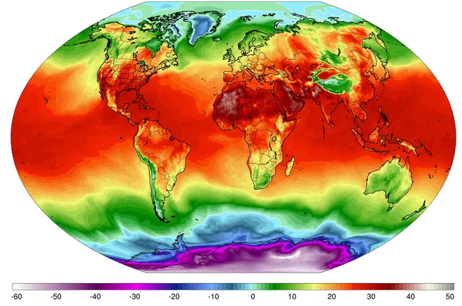 Temperatura global média representada em mapa (Imagem: Climate Reanalyzer)