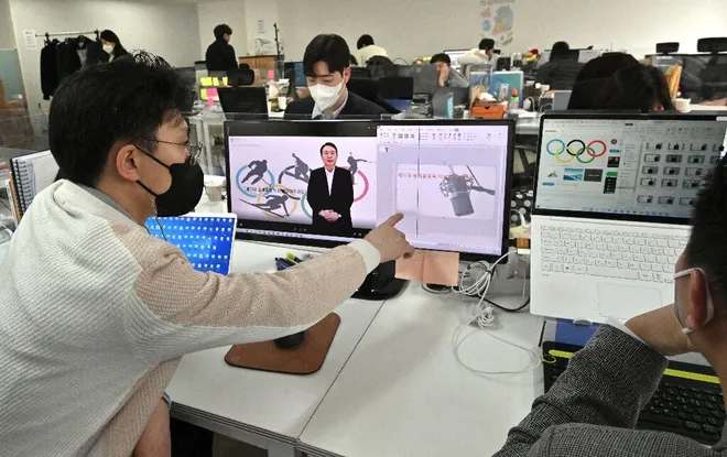 A equipe de criação do candidato deepfake da Coreia do Sul (Imagem: Reprodução/AFP)