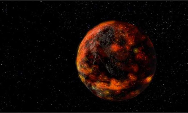 Oceano de magma e a primeira crosta rochosa na Lua (Imagem: NASA/Goddard Space Flight Center)
