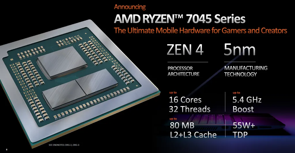 Seguindo os passos da série HX da Intel, a família AMd Ryzen 7045HX Dragon Range traz aos notebooks o mesmo hardware oferecido para desktops (Imagem: AMD)