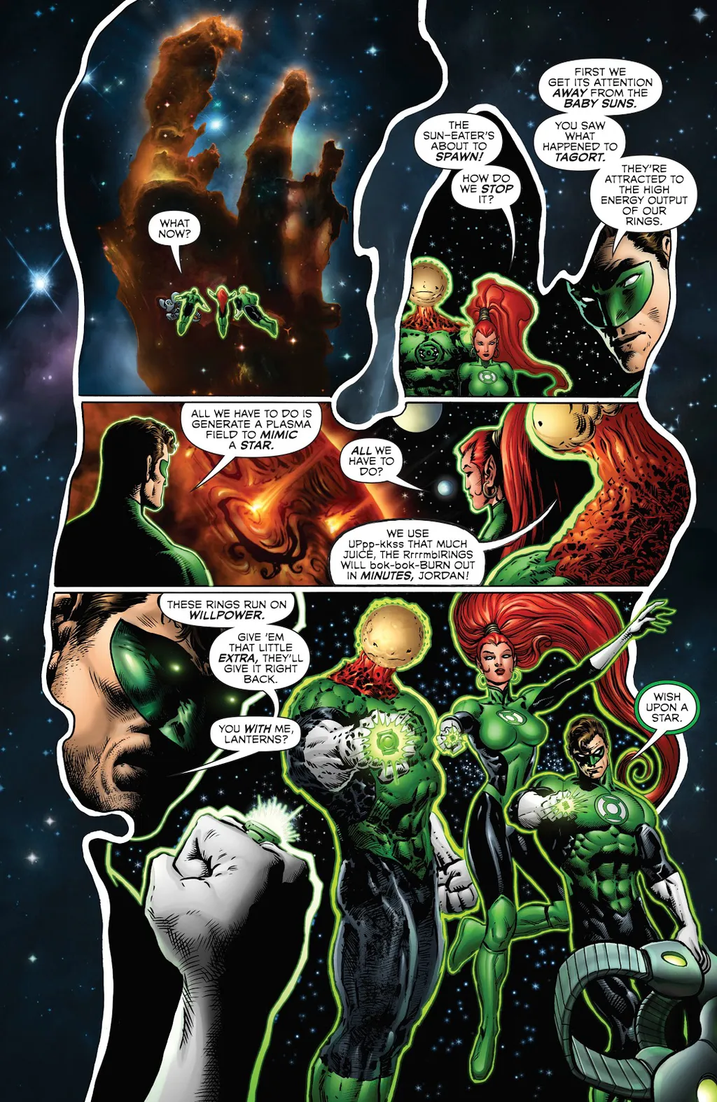 Cena de The Green Lantern nº 4 com os Lanternas Verdes criando um sol; que Superman acharia disso? (Imagem: Reprodução/DC)