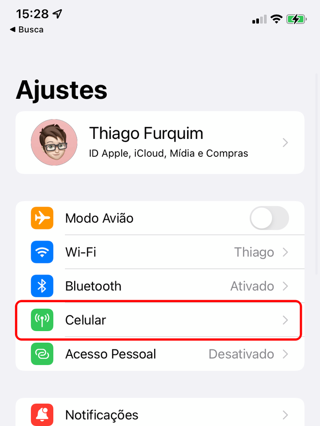 Entre na seção de "Celular" nos ajustes do iOS - Captura de tela: Thiago Furuqim (Canaltech)