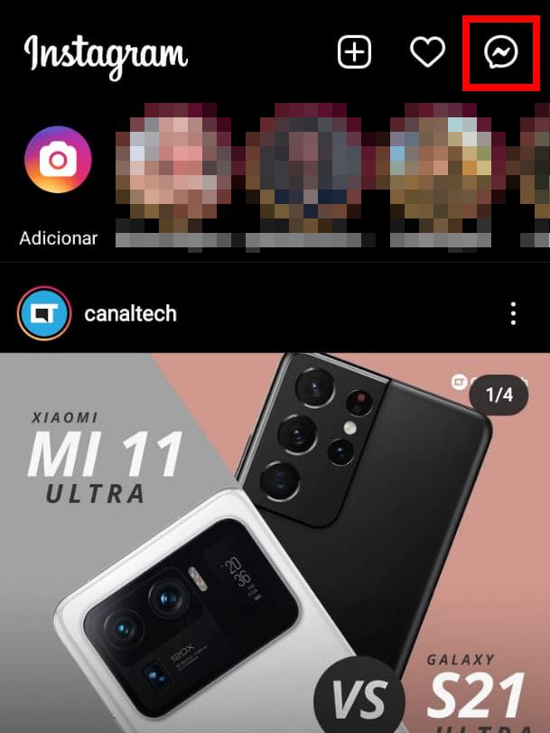 Abra o app do Instagram em seu celular e clique no ícone do "Messenger" no canto superior (Captura de tela: Matheus Bigogno)
