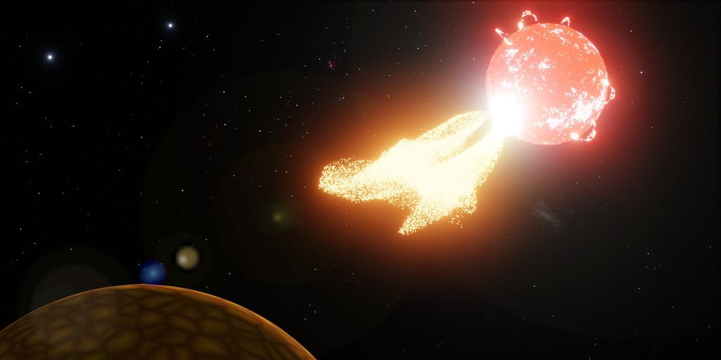 Representação artística da estrela Proxima Centauri ejetando materiais em direção a um planeta próximo (Imagem: Reprodução/Mark Myers/OzGrav)