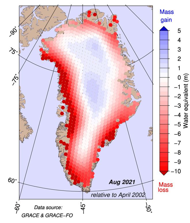 O vermelho destaca onde houve mais perda de gelo (Imagem: Reprodução/GRACE/Polar Portal)