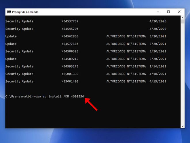 Em seguida, utilize o código pra desinstalar atualizações do Windows 10 (Captura de tela: Matheus Bigogno)