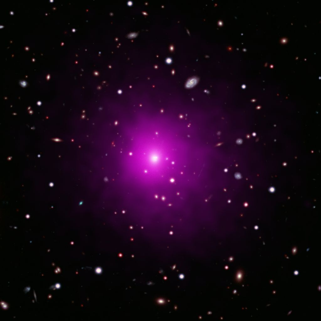 Imagem da Abell 2261 com dados de raios-X capturados pelo Chandra, além de dados infravermelhos e óticos do Hubble e do Subaru (Imagem: Reprodução/NASA/CXC/U. Michigan/K. Gültekin/STScI/NAOJ/Subaru/NSF/NOAO/KPNO/VLA)