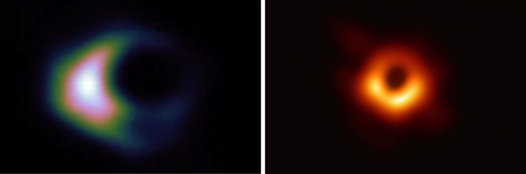 À esquerda, como uma estrela de boson apareceria nas imagens do Event Horizon Telescope; à esquerda, a imagem real de um buraco negro capturada pelo Event Horizon Telescope (Imagem: Reprodução/Olivares/EHT)