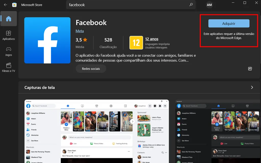 Também é possível instalar o Facebook no Windows  (Captura de tela: André Magalhães)