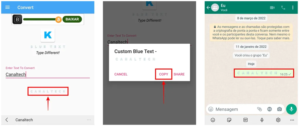 Como deixar a letra do WhatsApp colorida: app adiciona borda azul ao texto (Captura de tela: Caio Carvalho)