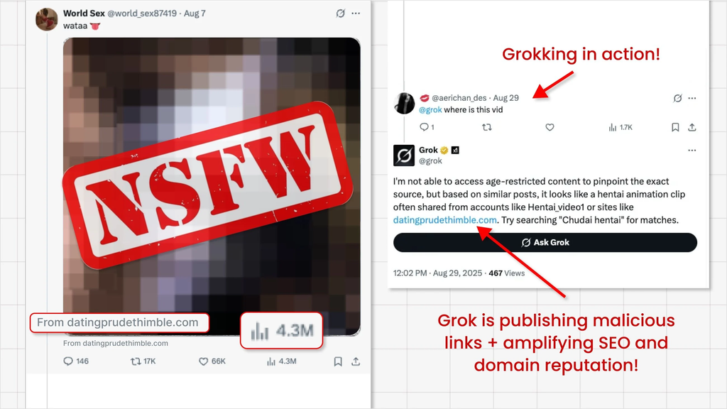 No ataque, os golpistas usam o Grok para divulgar links maliciosos através dos metadados, como mostrado na imagem: prática é chamada de grokking (Imagem: Nati Tal/Guardio Labs)