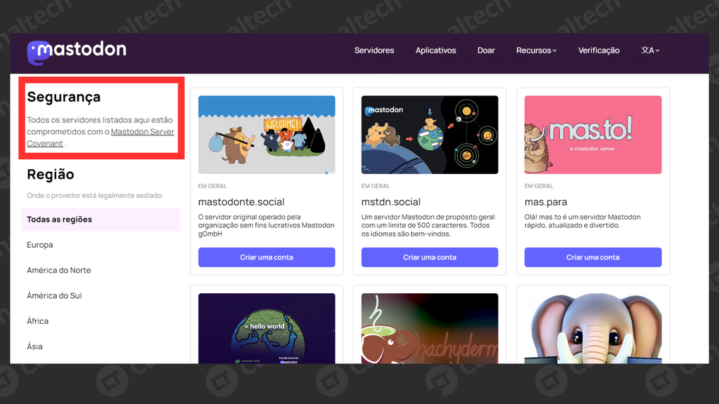 Tela do computador aberta no site Mastodon que mostra todos os servidores disponíveis para conexão