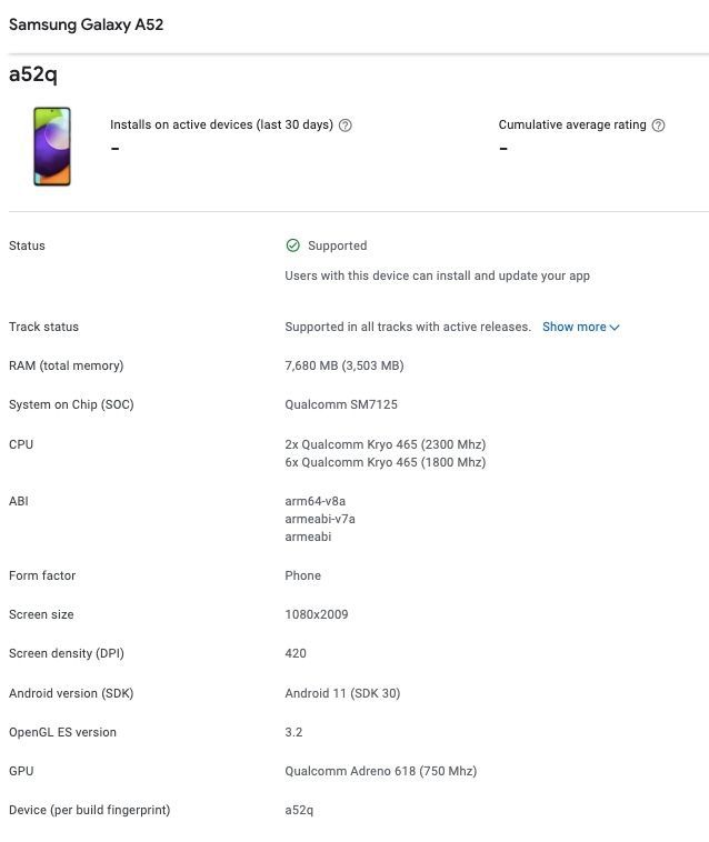 Listagem do Galaxy A52 4G no Google Play Console revela uso do Snapdragon 720G (Imagem: Reprodução/MySmartPrice)