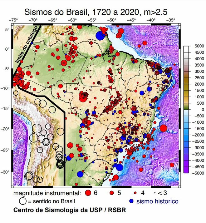Alguns estados no Brasil têm risco mais elevado para terremotos (Imagem: Centro de Sismologia da USP/RSBR)