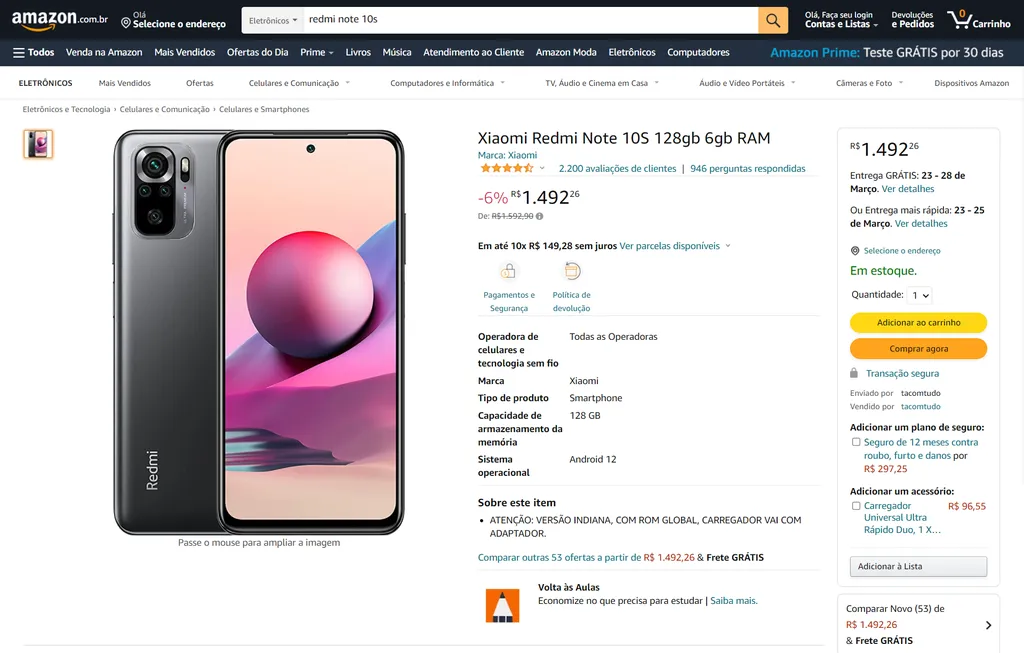 Preço do Redmi Note 10S no site da Amazon Brasil (Captura: Jucyber/Canaltech)