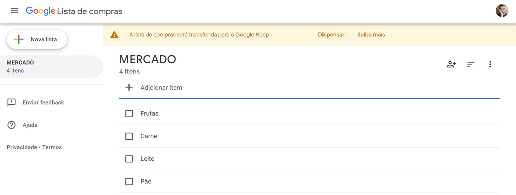 A ferramenta de Lista de compras do Google Assistente tinha acesso pela web (Imagem: Captura de Tela/Guilherme Haas/Canaltech)