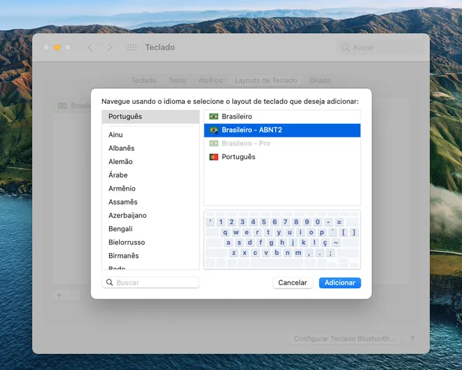 Selecione e adicione o layout do teclado ABNT ao seu Mac (Captura de tela: Lucas Wetten)