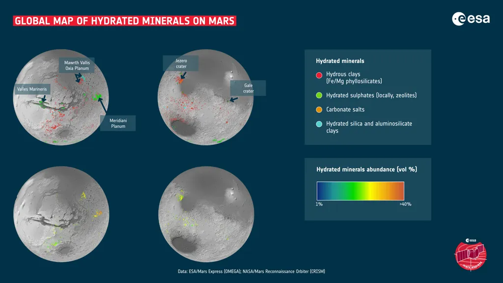 Mapa dos depósitos de minerais hidratados em Marte (Imagem: Reprodução/ESA/Mars Express (OMEGA) and NASA/Mars Reconnaissance Orbiter (CRISM))
