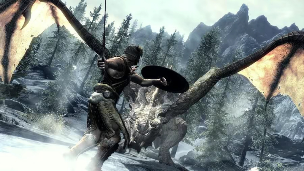 Dragonborn enfrentando dragão em Skyrim