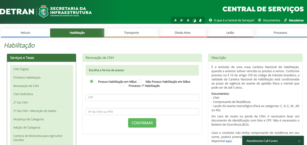 Quem é do Ceará deve acessar o site do Detran CE para renovar a habilitação online (Imagem: Captura de tela/Fabrício Calixto/Canaltech)