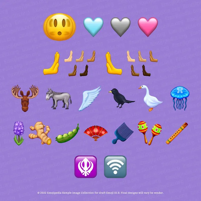 Esses são alguns dos novos emojis prometidos para 2022 e 2023 (Imagem: Reprodução/Emojipedia)