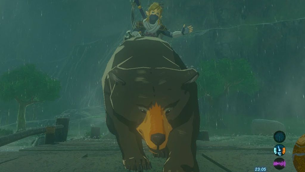 Link consegue montar em um Urso, mas não ache que a tarefa será fácil. (Imagem: Reprodução/Nintendo)