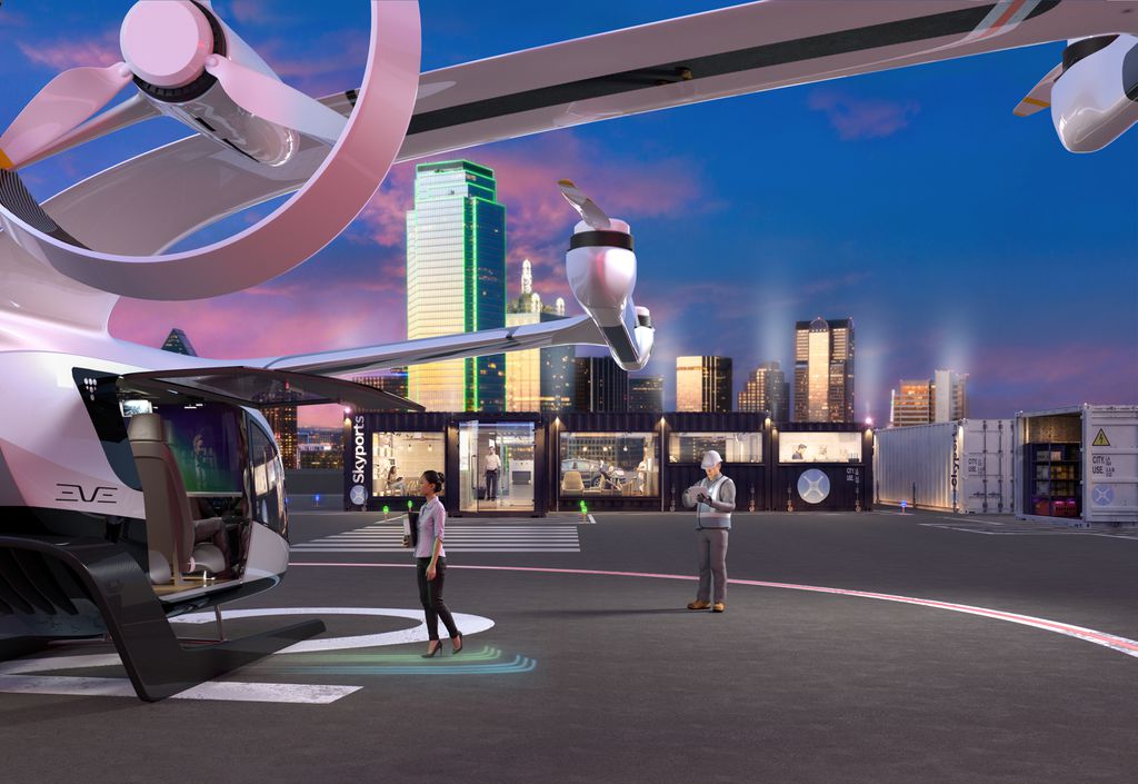 Arte mostra como será o Vertiporto da Embraer e da Skyports/ Imagem: Embraer