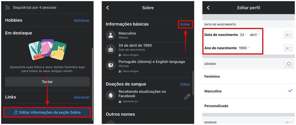 App do Facebook no celular tem opção para mudar a data de nascimento (Captura de tela: Caio Carvalho)