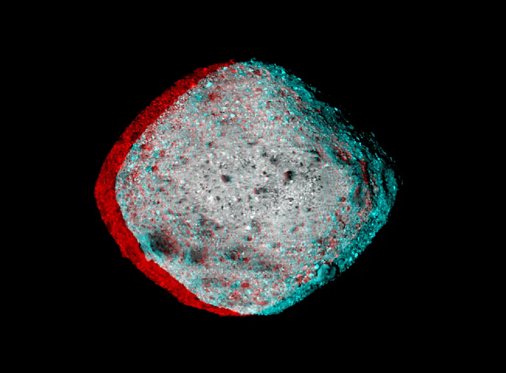 Asteroide Bennu em versão tridimensional (Imagem: Reprodução/NASA, GSFC, U. Arizona - Stereo Image Copyright: Patrick Vantuyne)