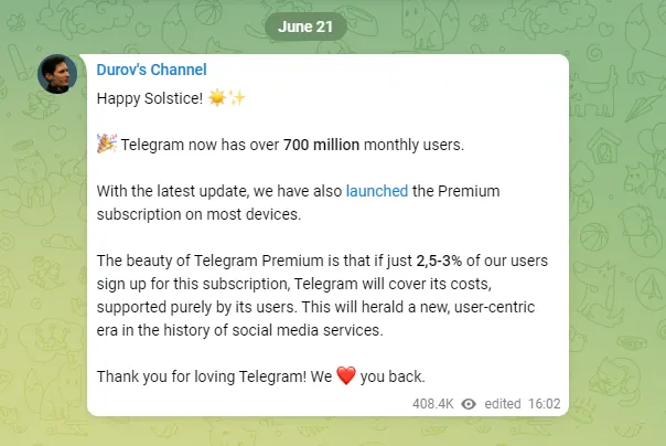 Durov disse que a assinatura Premium precisa de apenas 3% do total de assinantes para sustentar o Telegram (Imagem: Pavel Durov/Telegram)