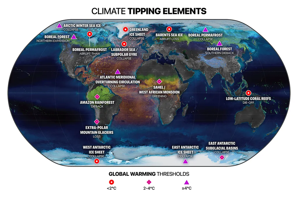 Pontos de virada climática e localização dos eventos que poderão causar (Imagem: Globaia Earth Commission/PIK/SRC/Exeter University)