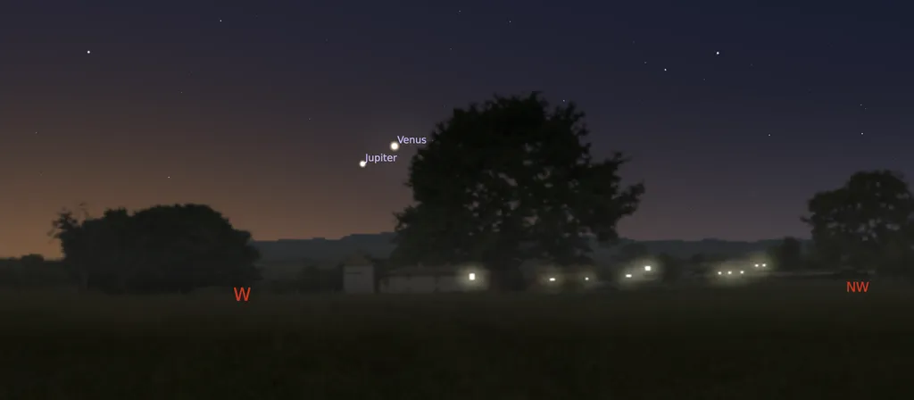 A distância aparente de Júpiter e Vênus vai ficando maior com o passar dos dias (Imagem: Captura de tela/Stellarium)