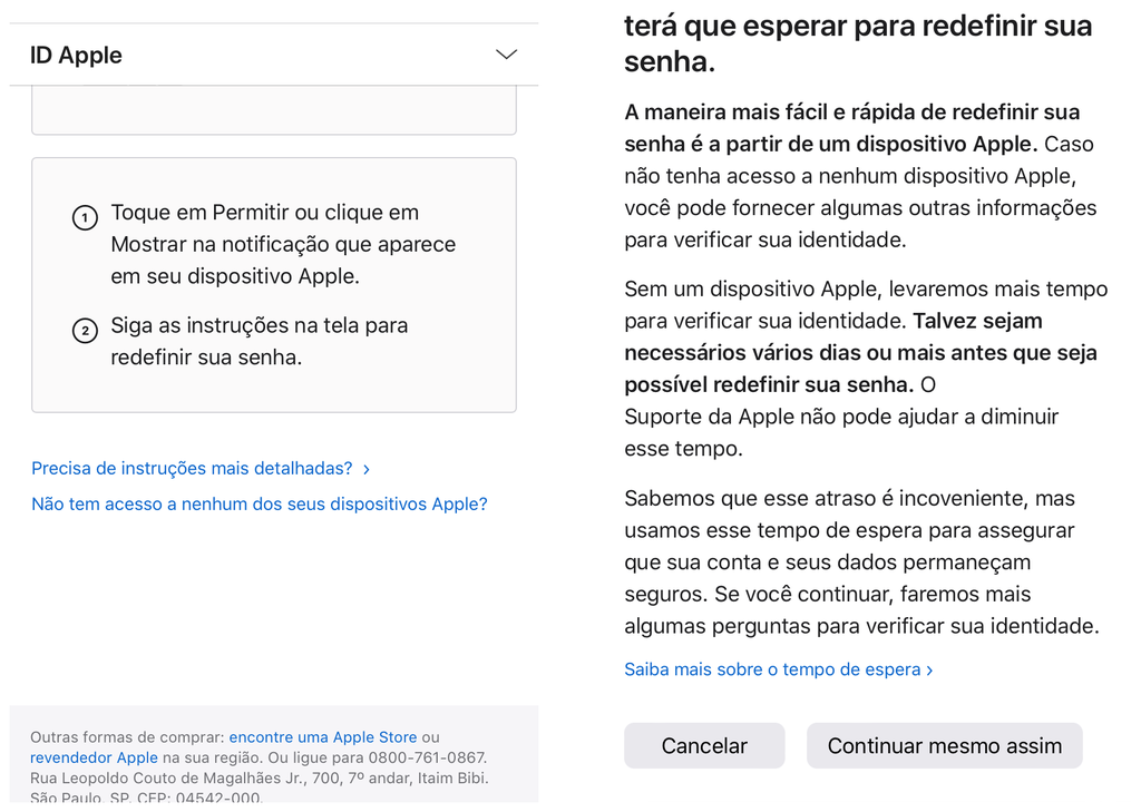 Responda a perguntas de segurança para recuperar seu ID Apple bloqueado (Captura de tela: Thiago Furquim)