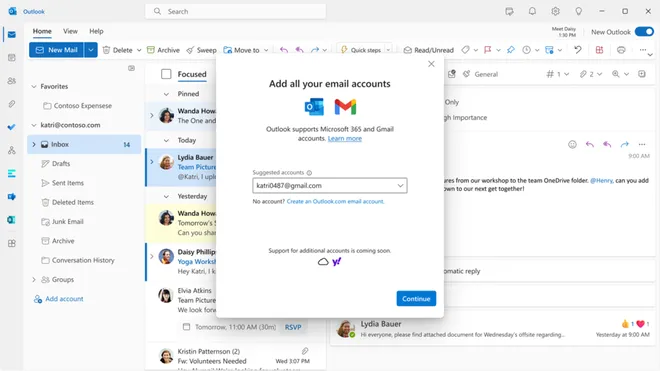 O "novo Outlook" permitirá configurar contas do Gmail e outros serviços (Imagem: Reprodução/Microsoft)