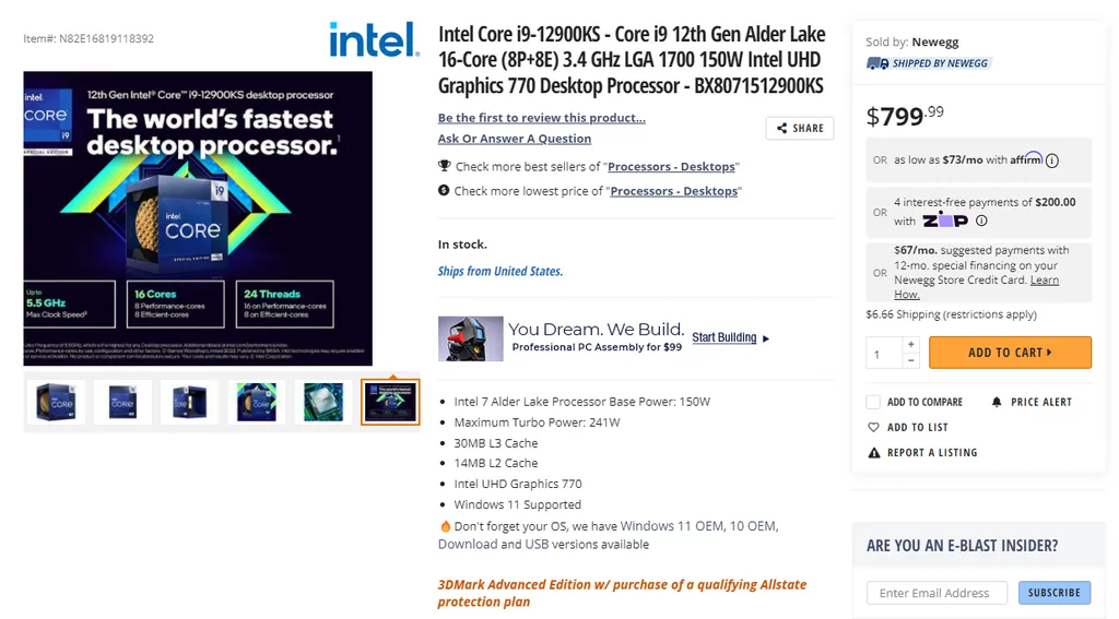 Antes do anúncio oficial, o Intel Core i9 12900KS já apareceu à venda na Newegg por U$S 799.99 (Imagem: Reprodução/WCCFTech)