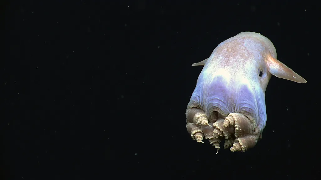 As profundezas do oceano abrigam uma rica biodiversidade repleta de seres exóticos, como o polvo dumbo, que vive de 3 a 4 km de profundidade (Imagem: Reprodução/NOAA)
