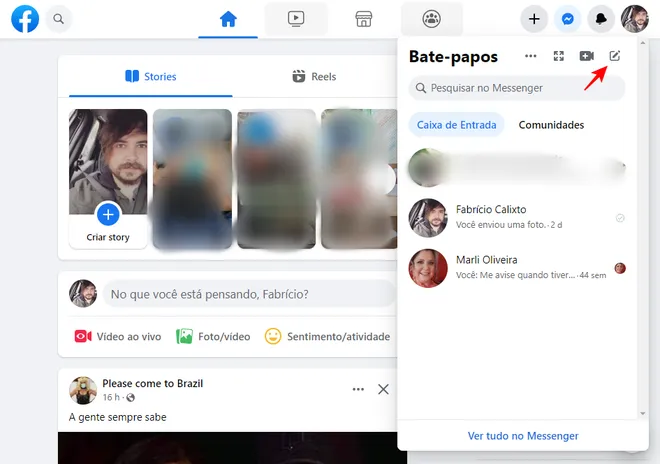 O botão “Nova mensagem” é utilizado para começar um novo bate-papo no Messenger (Imagem: Captura de tela/Fabrício Calixto/Canaltech)