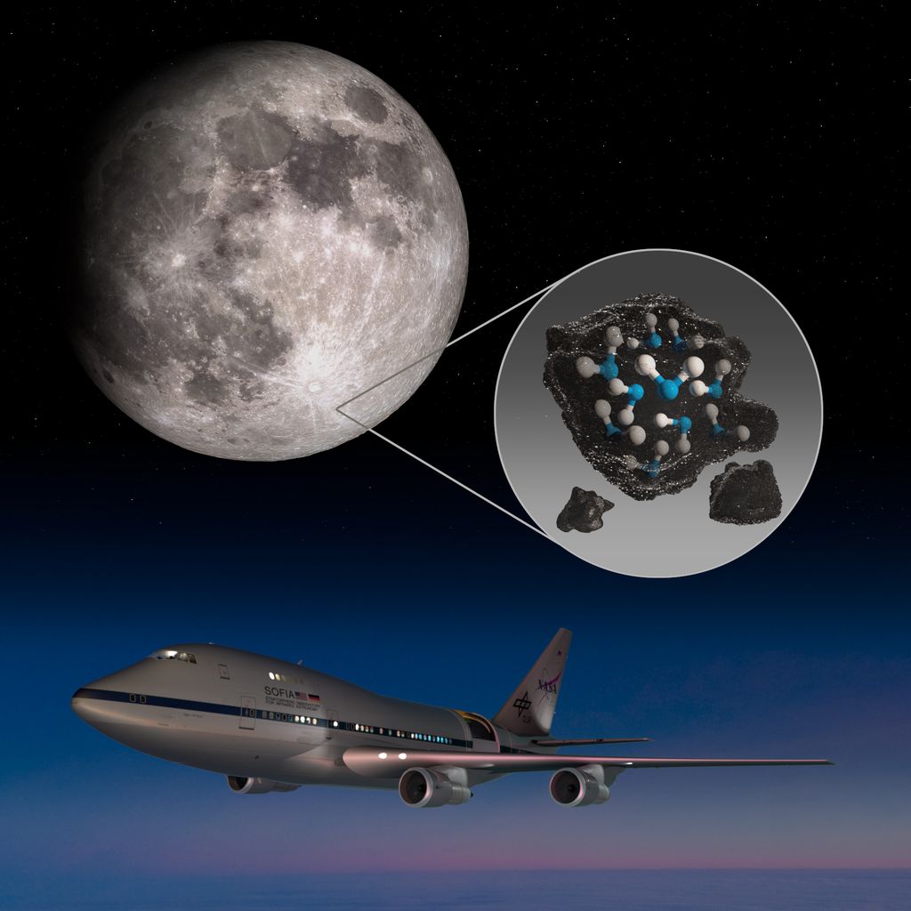 Arte mostra o avião que abriga o observatório SOFIA, responsável pela descoberta de água presa ao solo da Lua (Imagem: Reprodução/NASA/Daniel Rutter)