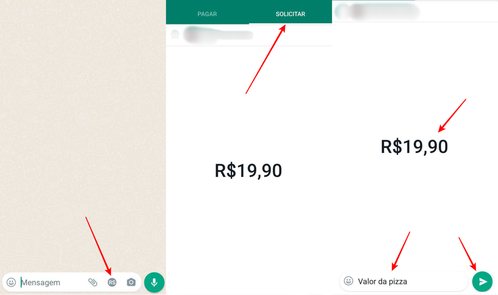 Para cobrar alguém pelo WhatsApp, basta tocar na opção dedicada ao recurso (Imagem: Captura de tela/Fabrício Calixto/Canaltech)