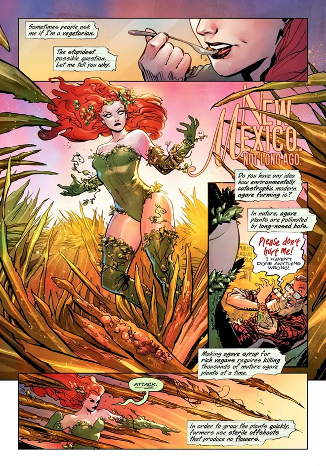 Hera Venenosa pensando sobre a questão de ser vegetariana ou não (Imagem: Reprodução/DC Comics)