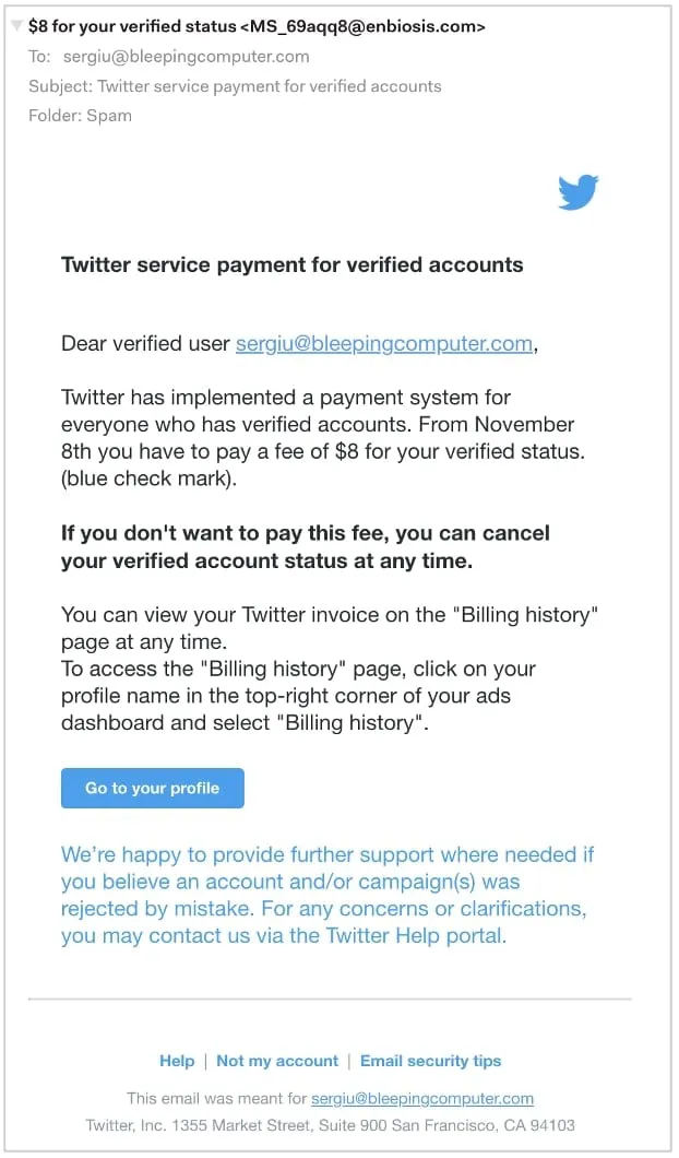 Em outra campanha, um e-mail muito parecido com o do Twitter também tenta roubar dados dos usuário (Imagem: Reprodução/Bleeping Computer)