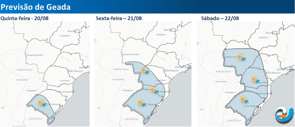 Previsão de geada ampla no sul do Brasil, atingindo também partes do estado de São Paulo e Mato Grosso do Sul (Imagem: Reprodução/CPTEC)